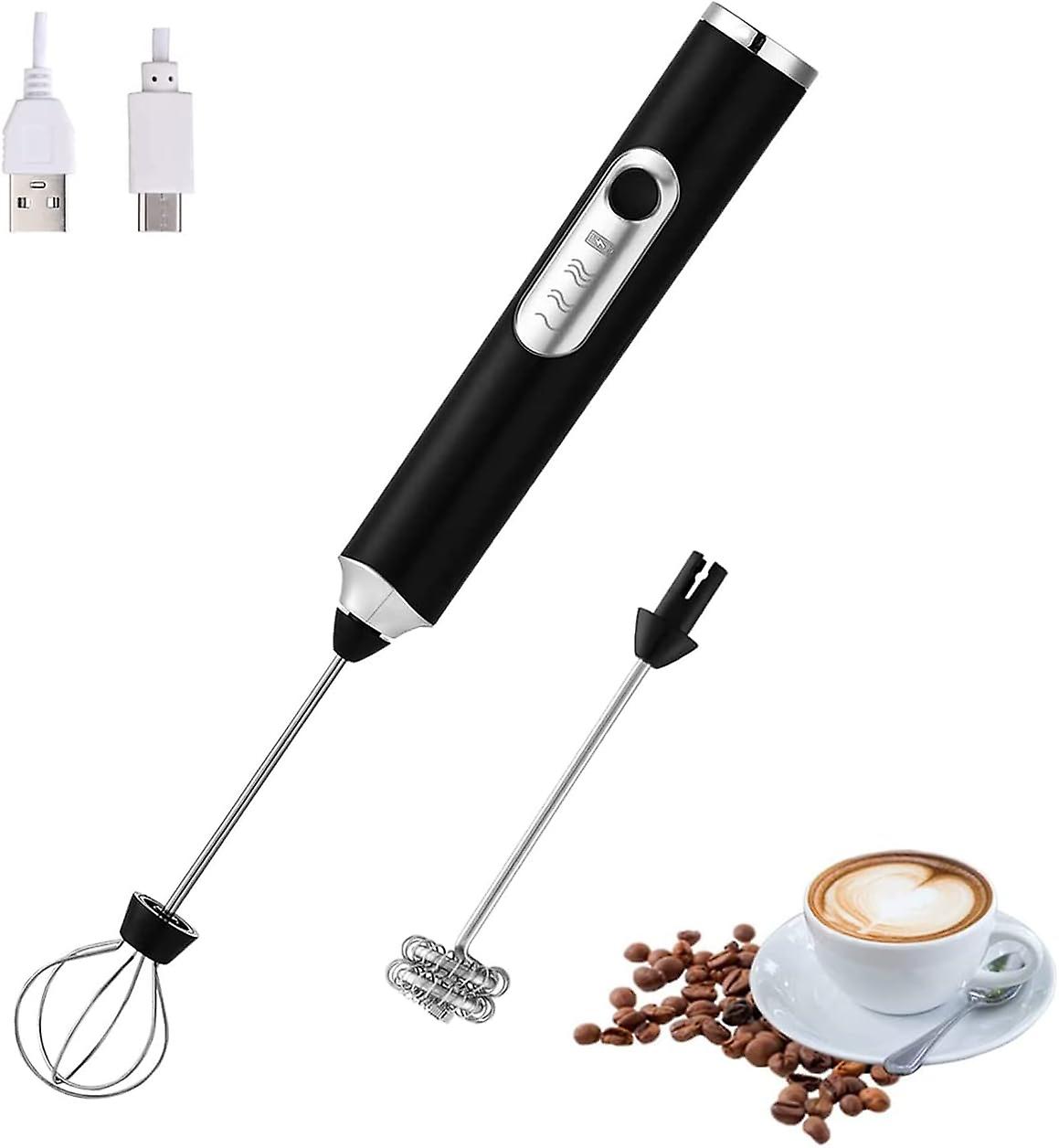 Handheld Electric Milk Frother - 2 Heads, USB Rechargeable, 3 Speeds for Latte, Cappuccino & Hot Chocolate (Black)