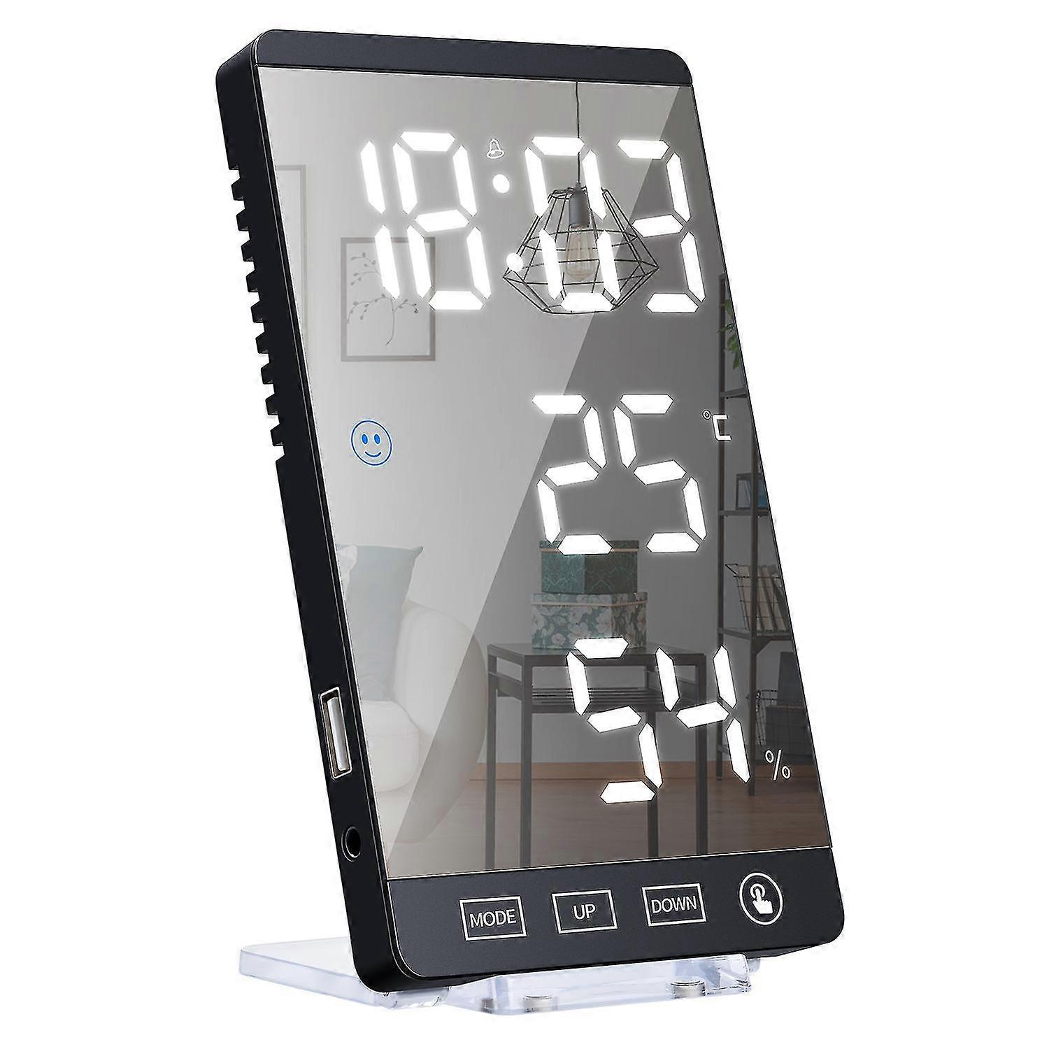 LED Mirror Clock Thermometer and Hygrometer Electronic Weather Clock Alarm Clock White--