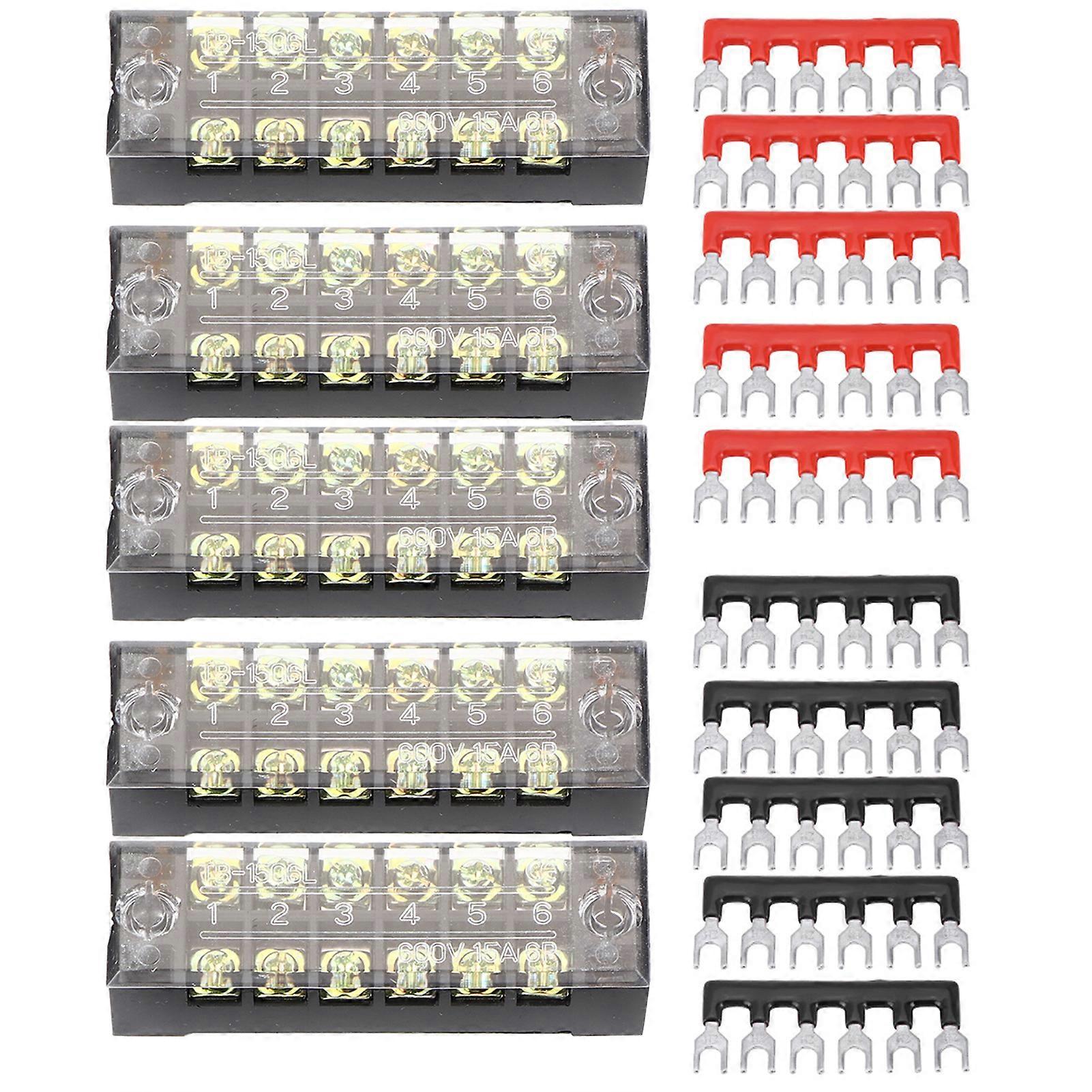 5pcs Dual Row 6 Positions 600V 15A Screw Terminal Block   Preinsulated Terminal Barrier Strip
