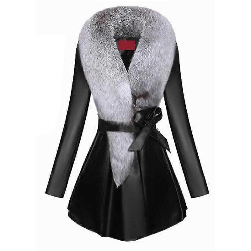 冬の女性用パッド入りレザージャケットファーカラー