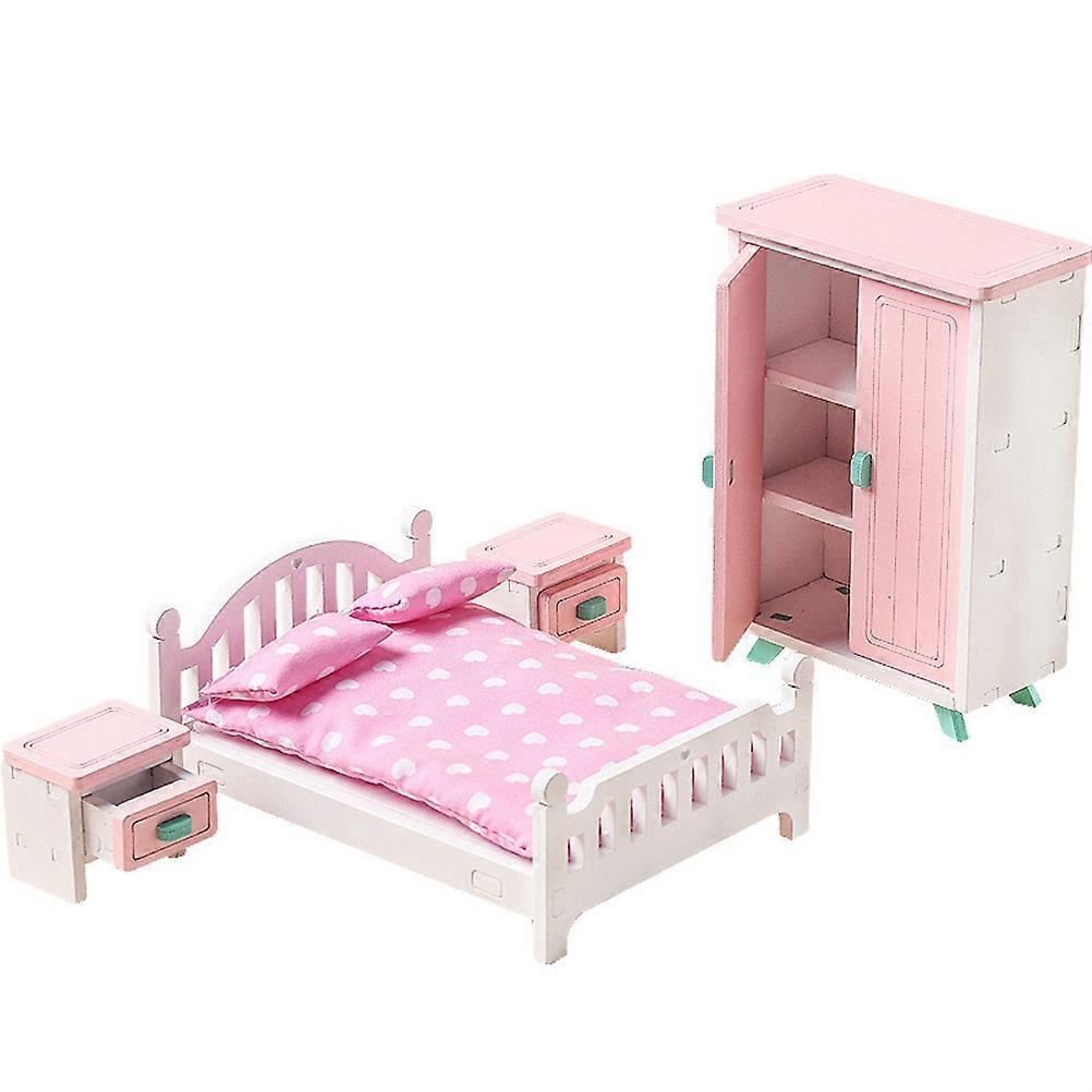女の子木製ピンクの寝室プレイセットふり遊び人形ハウス家具セットシミュレーションミニチュアディスプレイモデル