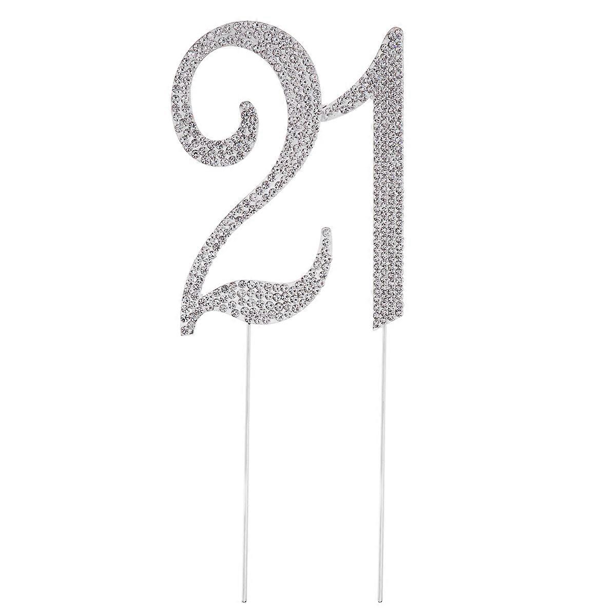 21 Cake Topper for 21th Birthday Party or Anniversary Crystal Rhinestones Decorative Cake Topper for Party Supplies (Silver)