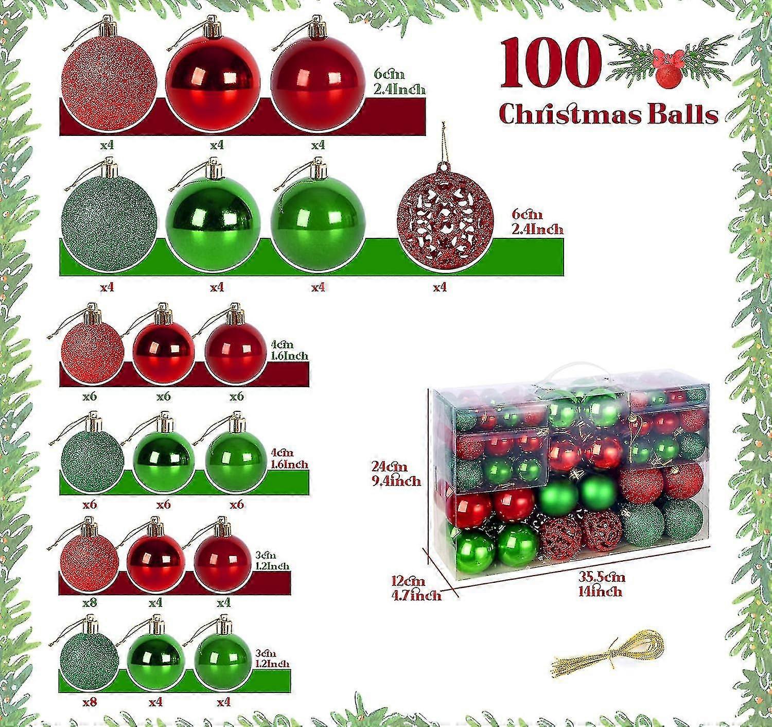 Christmas Ball 100 Pcs Combo Of 3 Sizes Shatterproof Christmas Tree Ornaments Red And Green Christmas Baubles Xmas Decorative With Hanging Loops For C