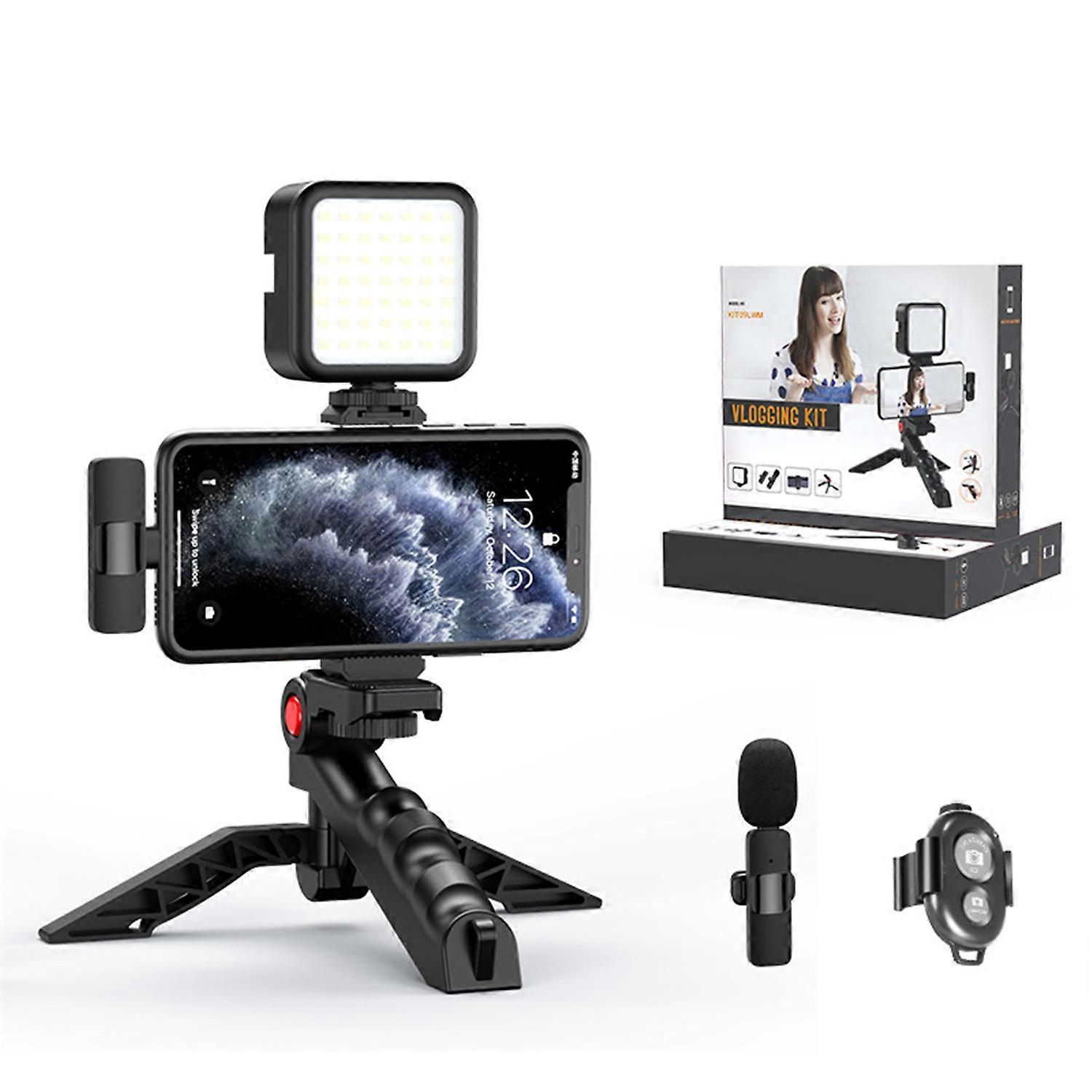 KIT-09 Smartphone Vlog LED Video Light Kit Photography Set +Foldable Tripod +Phone Clip+ Wireless Microphone +Remote Control