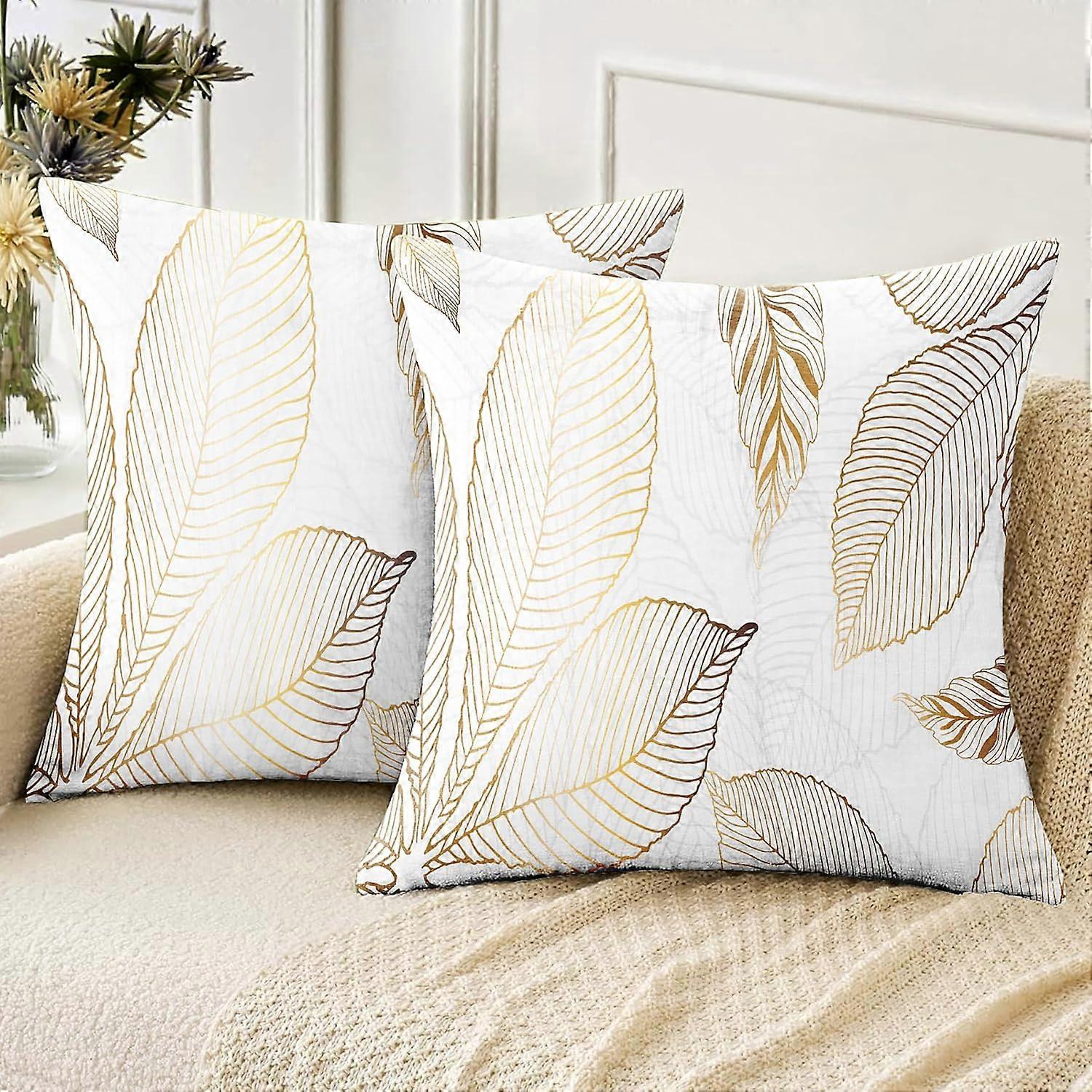 Spring Pillow Covers 18x18 inch Set of 2, Soft Short Plush Golden Leaves Pattern Decorative Sofa Living Room Bed Square Pillow Case Cushion Cover-Gold