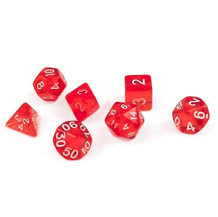 7 polyhedral dice for role-playing and tabletop games in transparent / red