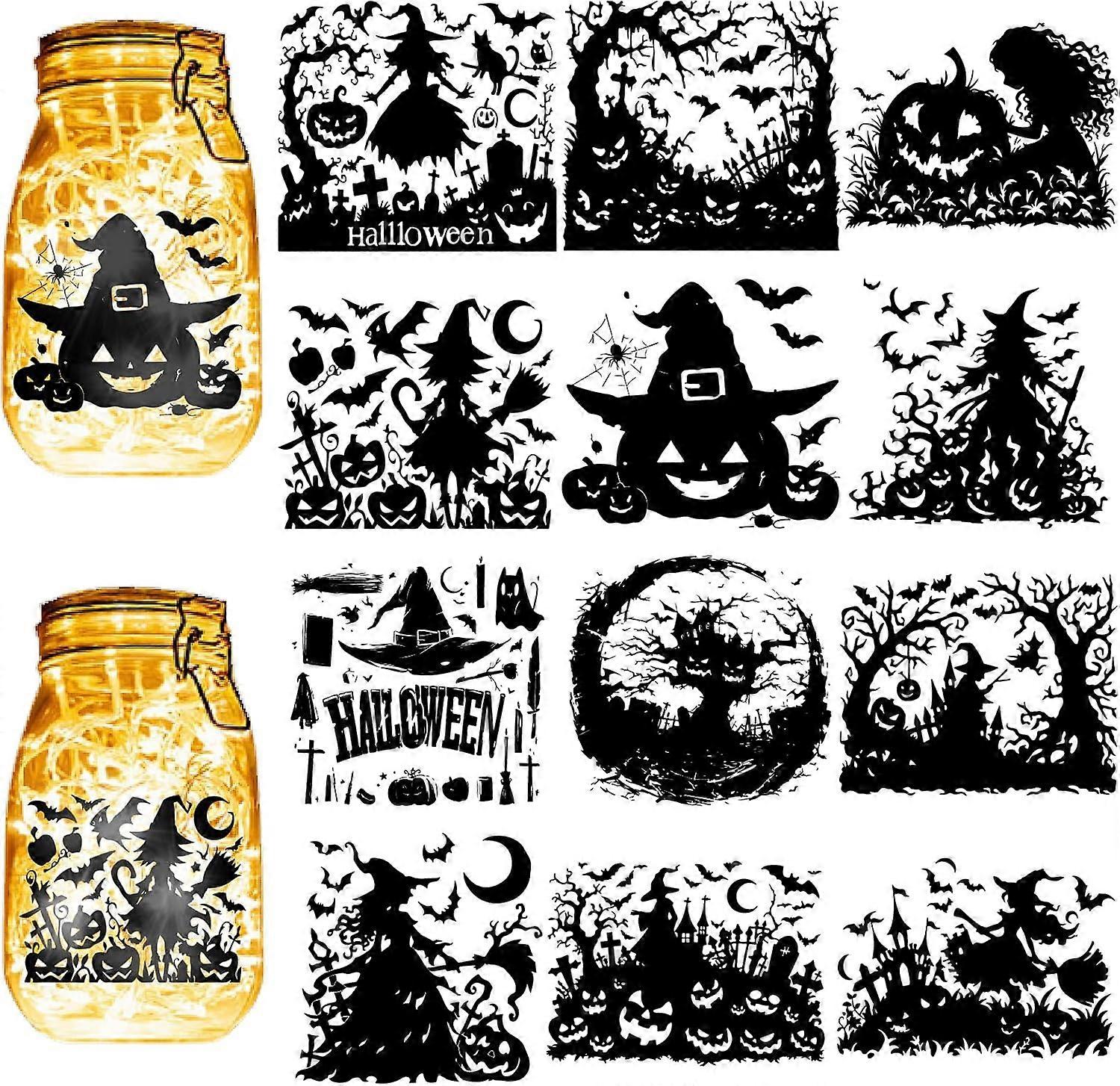 12Pcs Halloween Silhouettes Mason Jar Decor Witch Bat Laser Cut Cardboard Scrapbook Cutouts Die Cuts PVC Decoration for DIY Crafting Lantern Jars Wall