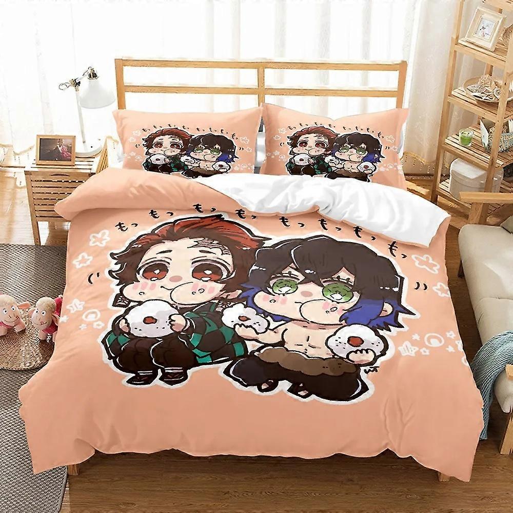 a1443 Lençóis Conjuntos de Capa de Edredom Demon Slayer com Capa de Travesseiro Poliéster Adolescentes Crianças Conjunto de Cama Roupa de CamaConjunto de Cama de 3 Peças (1 Capa de Edredom + 2 Pil