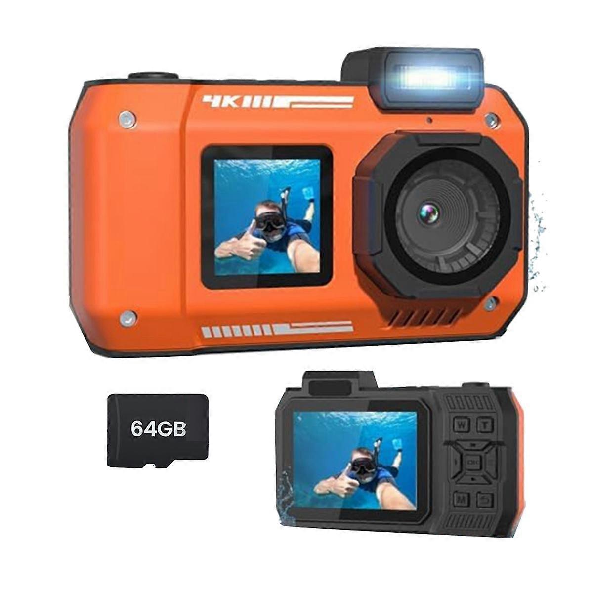 Waterproof Camera 4K 65MP Underwater Camera with 64G Card, for Snorkeling Autofocus Selfie Dual-Scr
