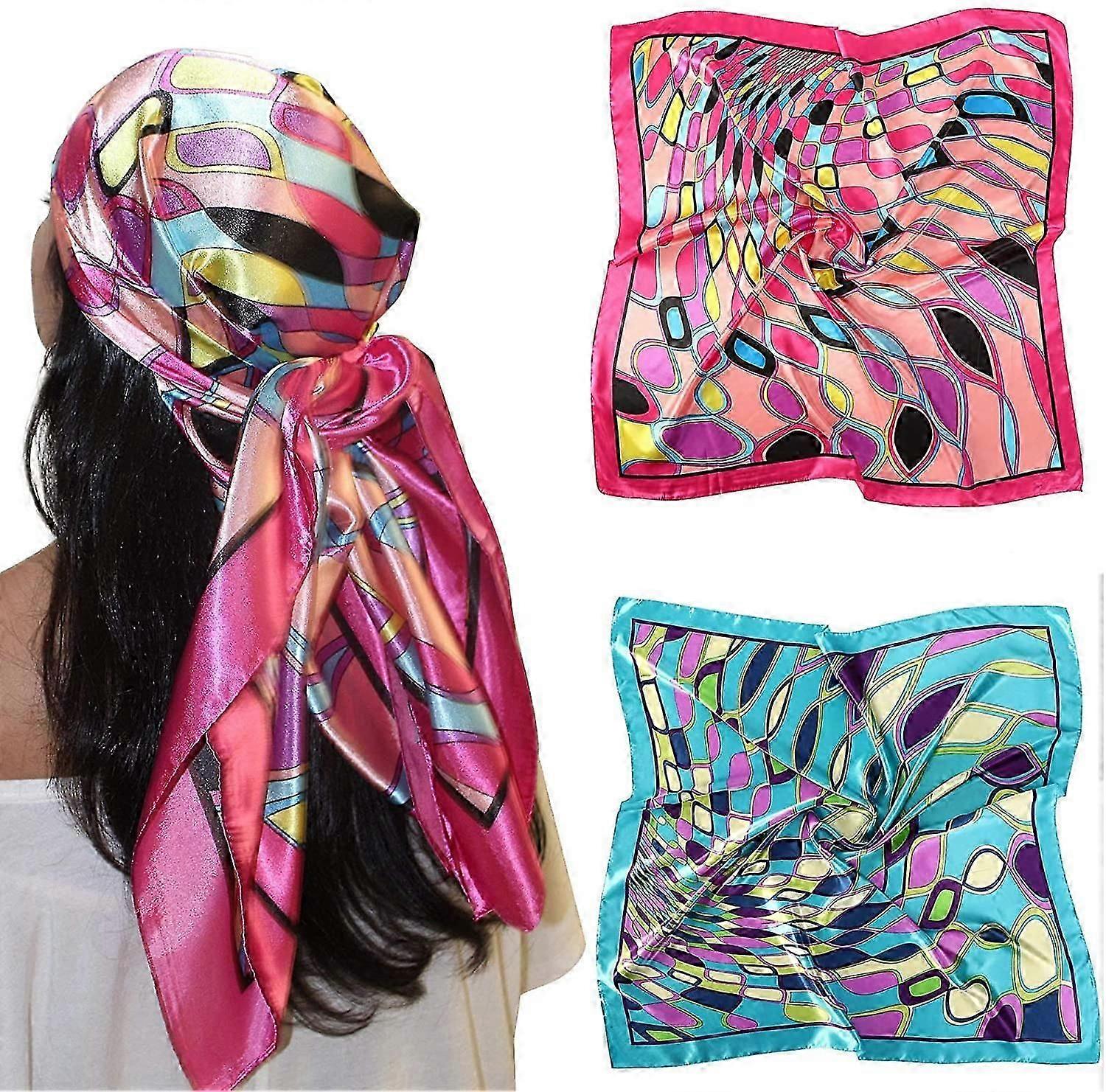 35 « Large Satin Square Head Scarves - 2 Pieces Silky Floral Headbands Square Satin Headbands Women's Headbands