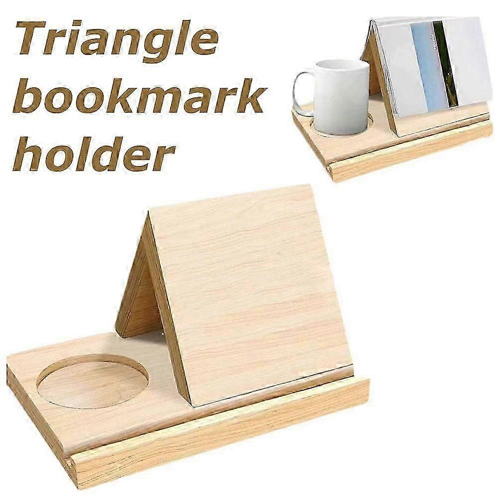 Triangular Bookmark Holder Wooden Reading Stand with Cup Holder