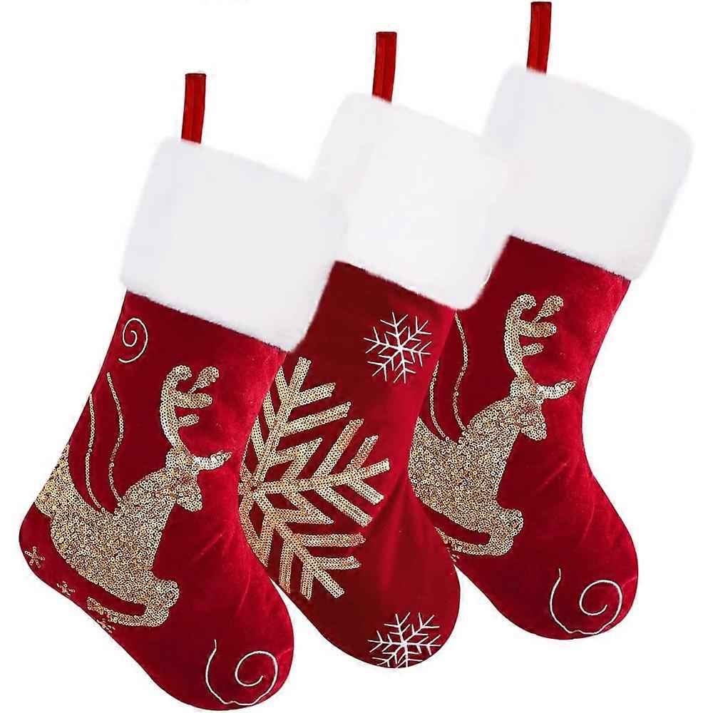 Christmas Stockings, Original Design Luxury Touch With Embroidery Sequins, Reusable Decor Hanging Ornament High Quality Plush Cuff, Set Of 3 Red