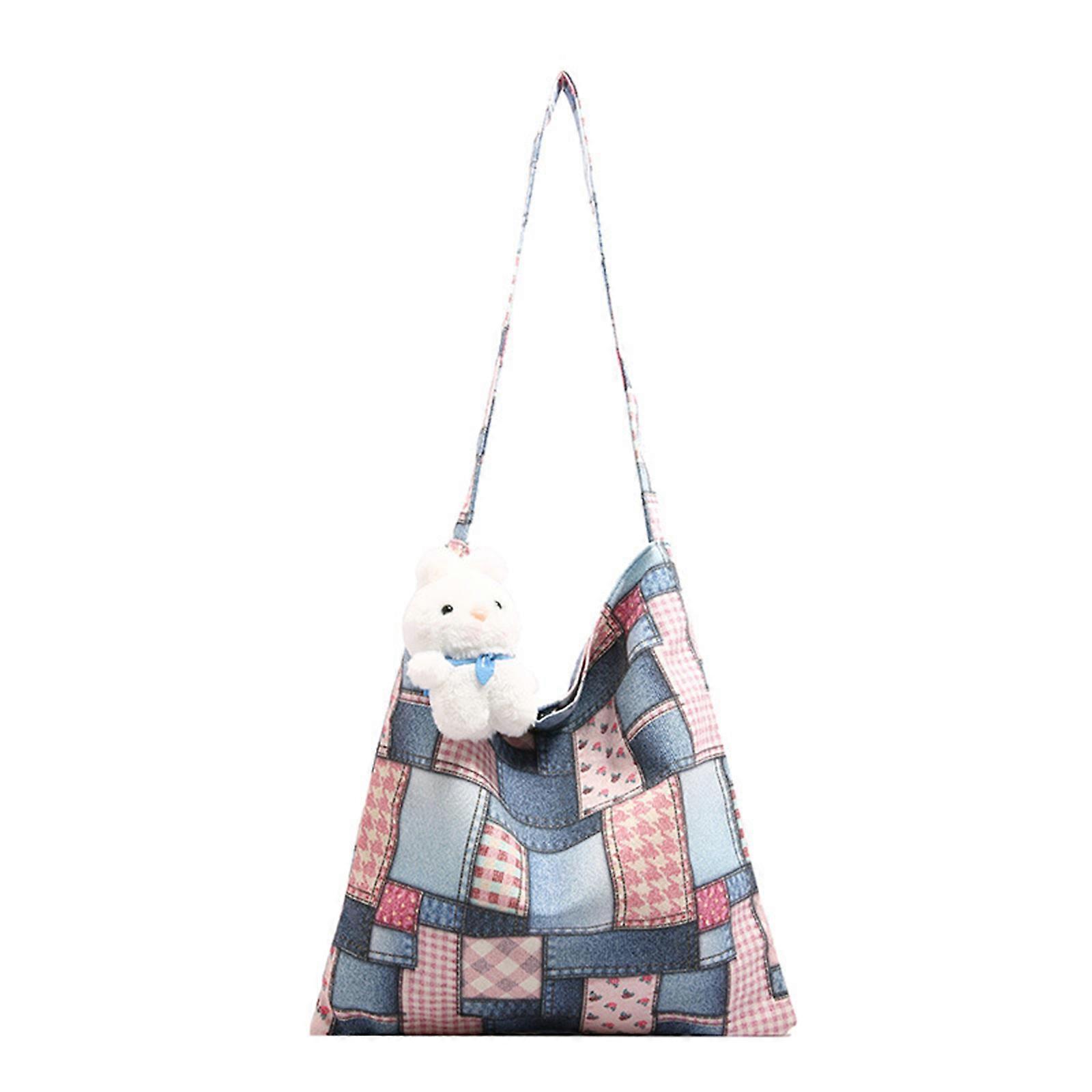 Retro Canvas Checkered Patchwork Shoulder Bag Large Capacity Work Casual Multifunction Underarm Handbag Purse for Women Pink