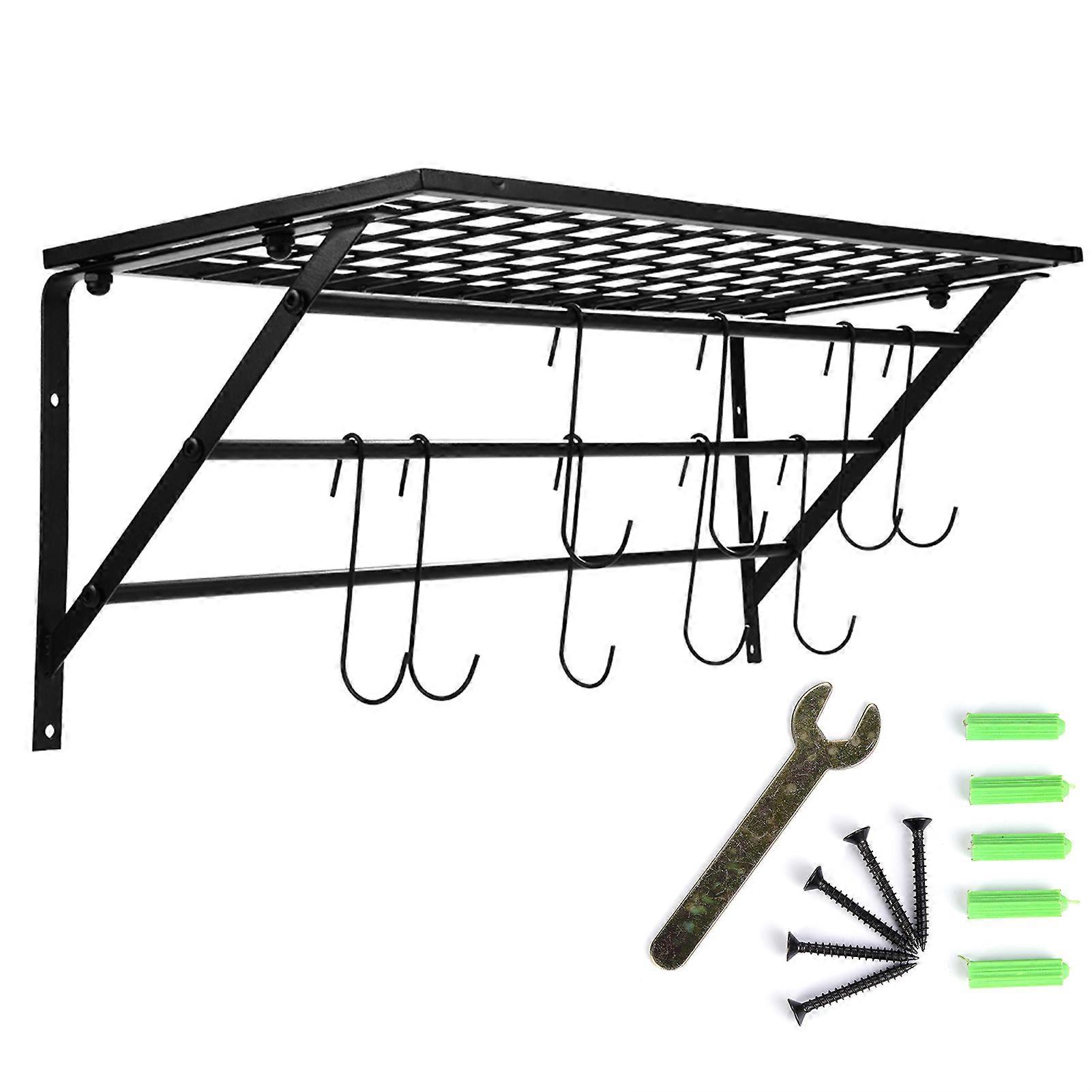 Black Metal Pot and Pan Rack Wall Mounted with 10 Hooks Kitchen Storage Organizer