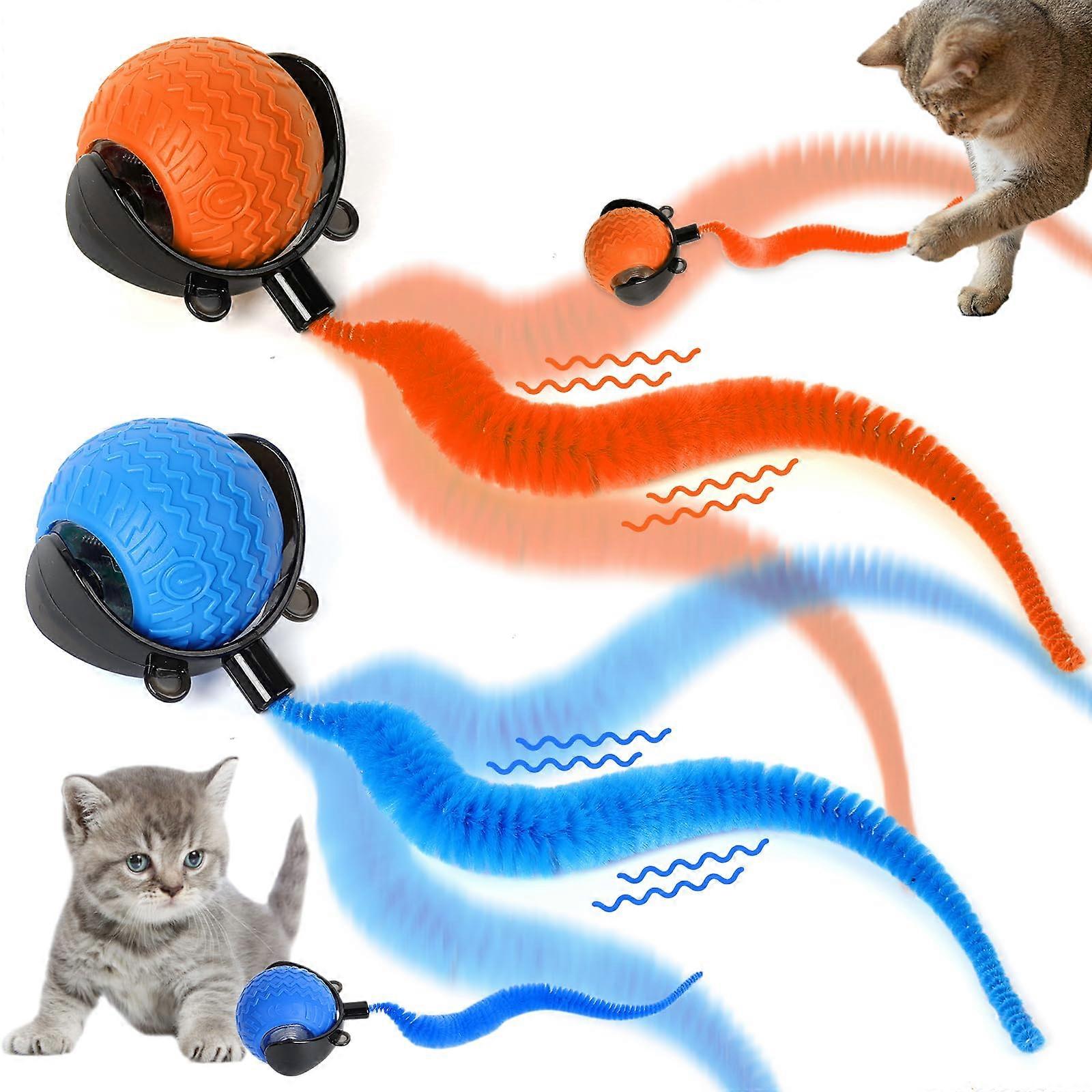 Interactive Cat Ball Toy Set, 2pcs Automatic Self Rolling Cat Balls with Cord Imitation Mouse, Blue and Orange for Indoor Cats