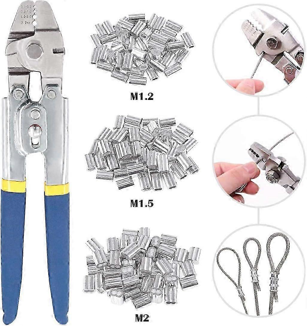 Crimping tool for wire rope up to 2.2mm with 150 pieces aluminum double barrel crimping sleeves in 3 sizes