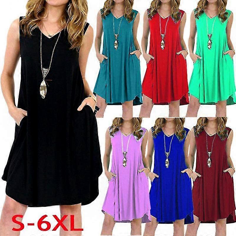 Casual Women's Midi Dress with Pockets, V Neck Tee Shift Dress, Perfect for Spring and Summer Outdoor Activities and Daily Wear, Regular Fit, Sleevele