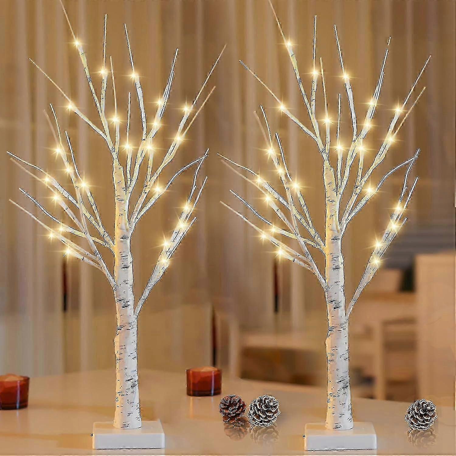 2-pack 2ft Lighted Birch Tree For Home Decor With Timer, Thanksgiving Christmas Table Decor Birch Tree With 48 Led Warm White Lights, Artificial Tree