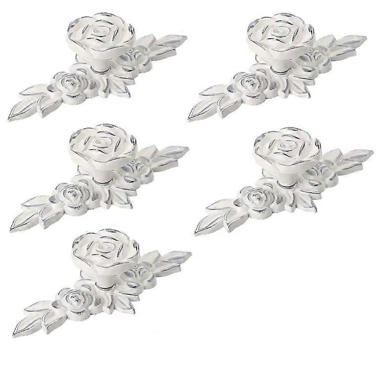 Set of 5 Euro Rose Decorative Cabinet Knobs with Plate, Floral Ivory Drawer Knobs, Cupboard Door Knobs, Ivory White Drawer Pulls