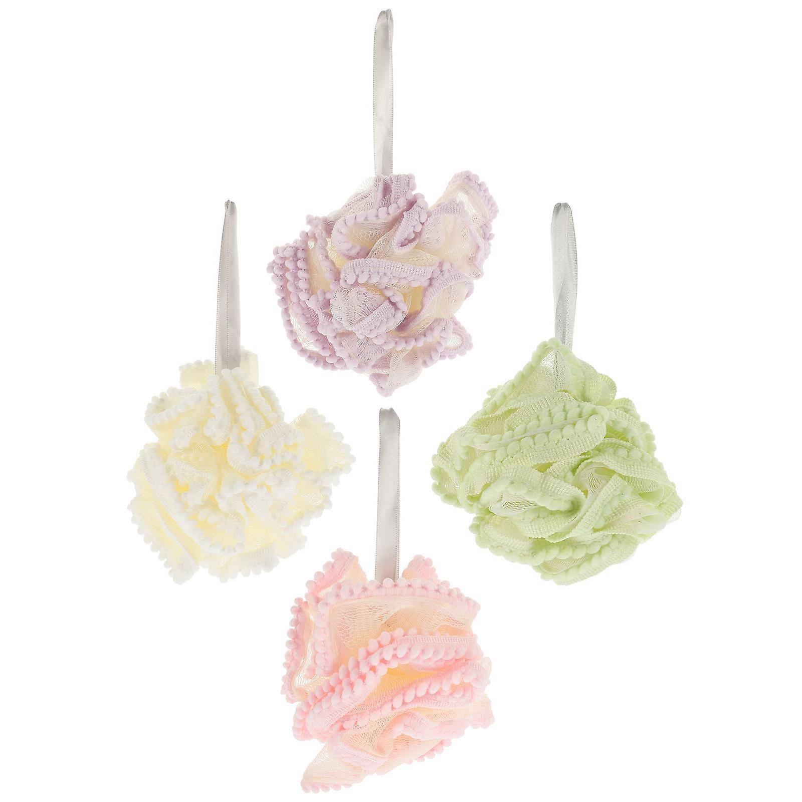 Bath Sponge Body Scrubber Pink Round Luxurious Bathing Experience Removing Dead Skin 4Pcs