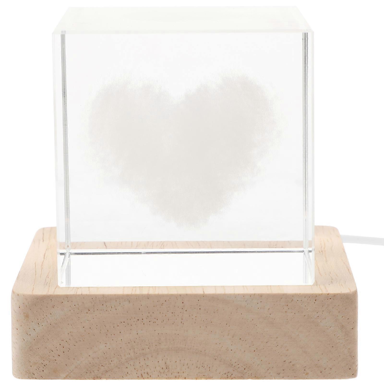 Crystal Cube Light Cube Lamp Room Decor Home Table Decoration 8x8x8cm Crystal Heart Pattern Wooden Base 1Set