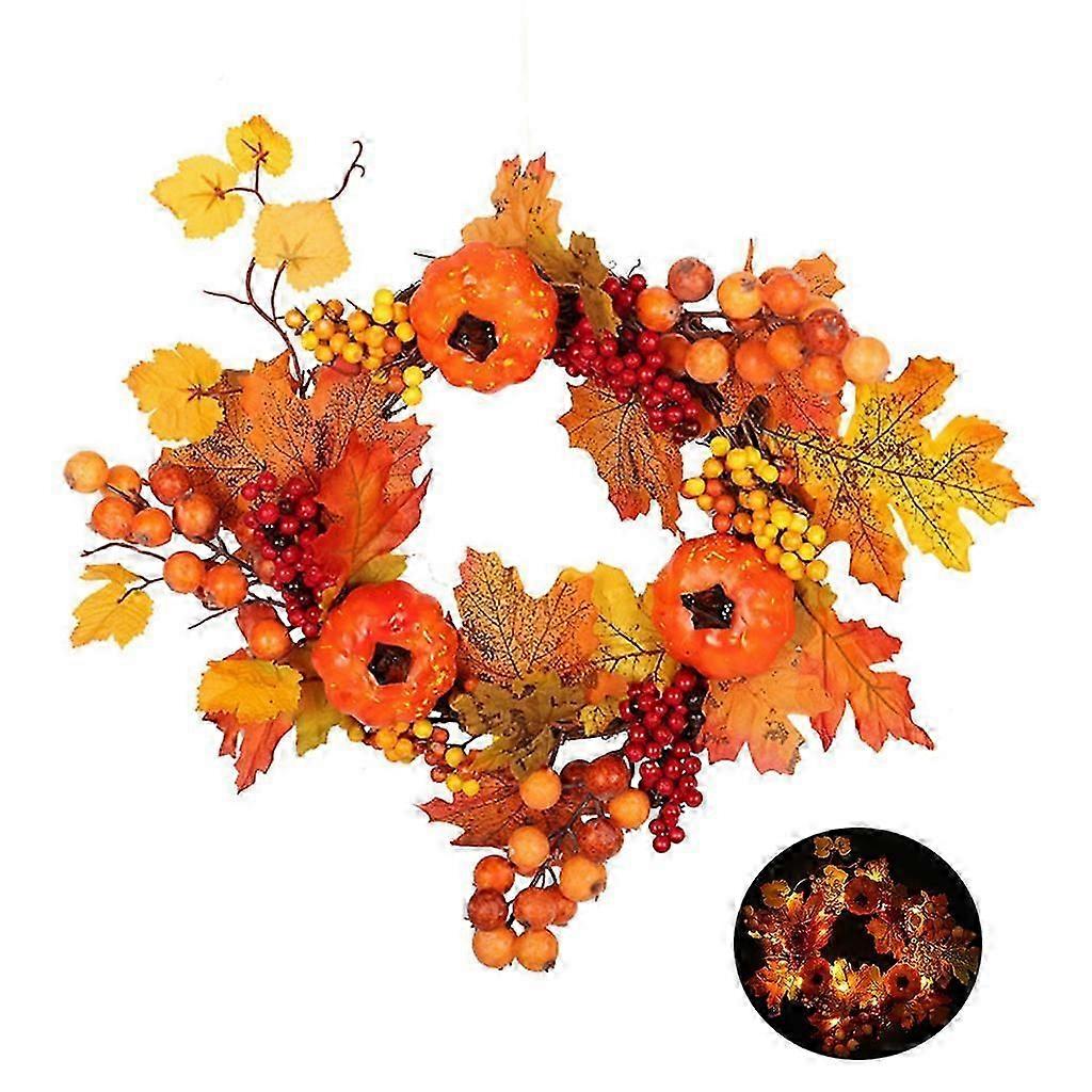 Fall Harvest LED Lighted Front Door Wreath with Artificial Maple Leaves Pumpkin Berry Prelit Thanksgivings Wall Garland