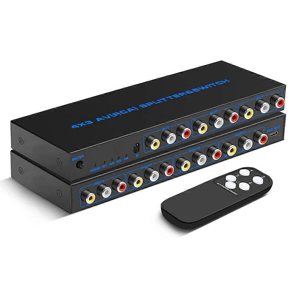 RCA AV Switch Splitter Box 4 In 3 Out AV Audio Video Signal Composite Switcher with Remote Control