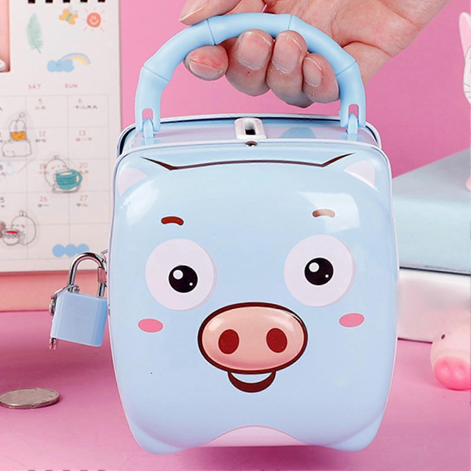 Cute Money Saving Box for Kids, Portable Blue Metal Cash Safe with Key Lock, Handle, and Desk Ornament Design