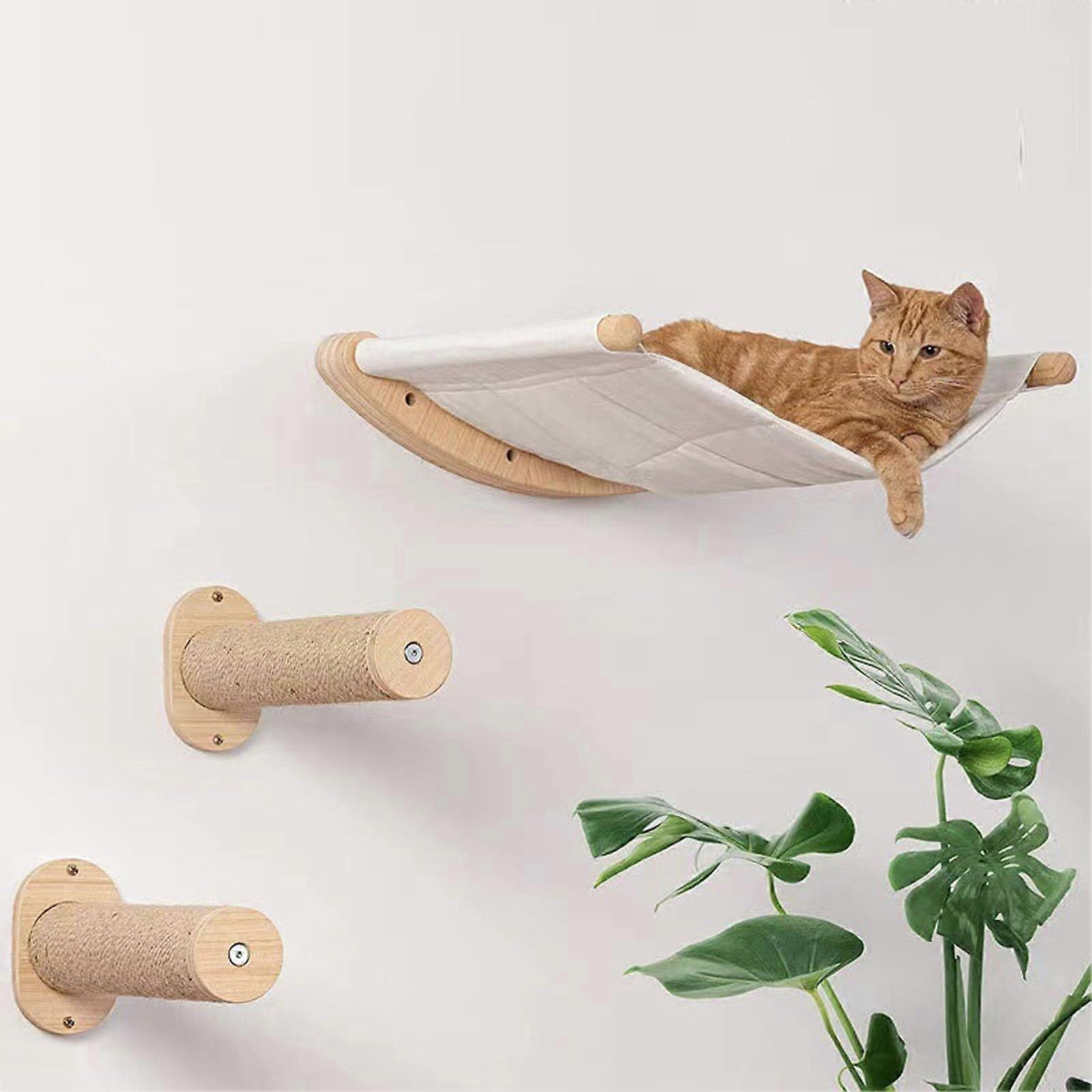 Wall Mounted Cat Climbing Steps with Hammock, Birch Wood Design for Cats, Space-Saving Indoor Cat Furniture