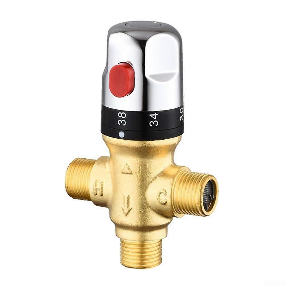 Temperatureregulating mixing valve made of brass, including safety features for family protection against scalding during use.