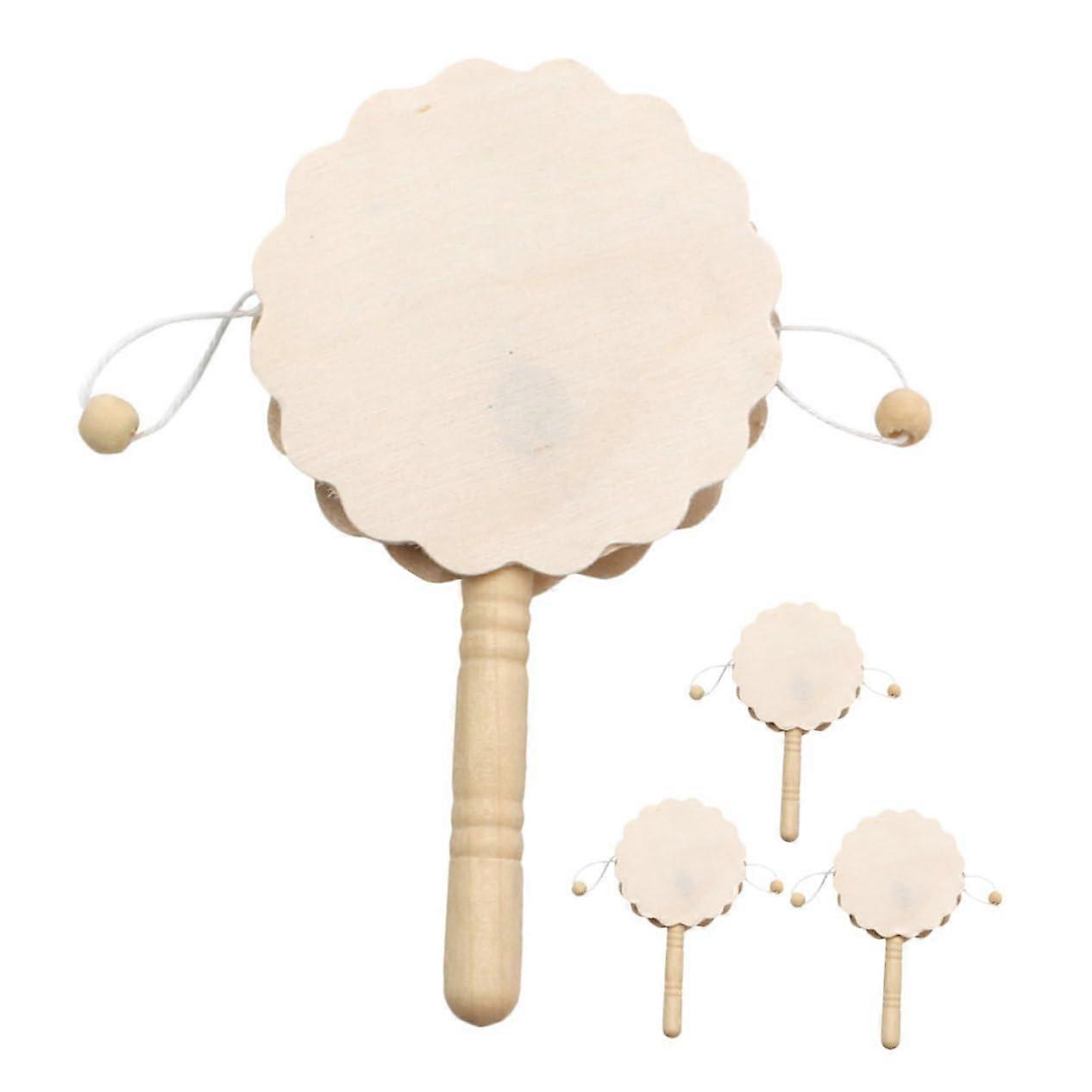 Wooden Rattle Drum Set Unpainted DIY Craft Toy for Creative Projects and Music, Safe Wood, 4 Pieces 2 Sets