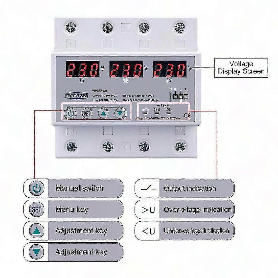 Tomzn 3 Phase Adjustable Over & Under Voltage Protector Auto Reset Protection Device