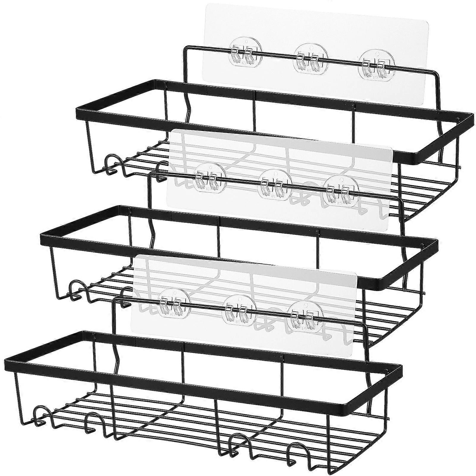 Black Iron Wall Mount Bathroom Organizer with Hooks for Easy Storage on Smooth Surfaces 3Pcs
