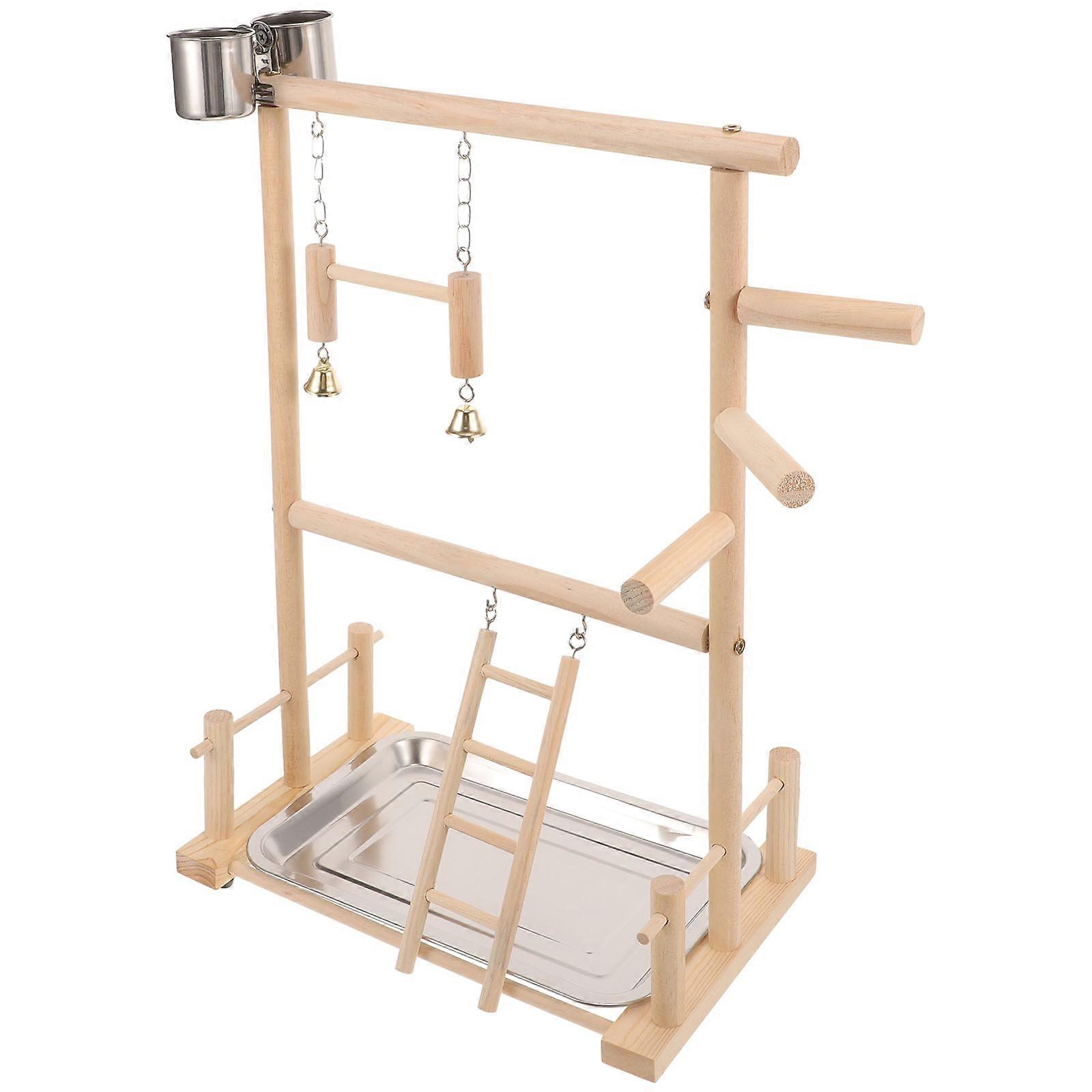 Natural Wood Parrot Perch Stand for Parrot with Tray Ladder Swing and Toy Light Brown