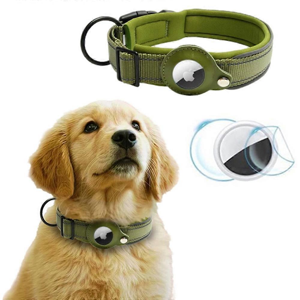 For AirTag PU Leather Pet Dog Collar Bluetooth Tracker Holder Protective Case, Size: M - Army Green