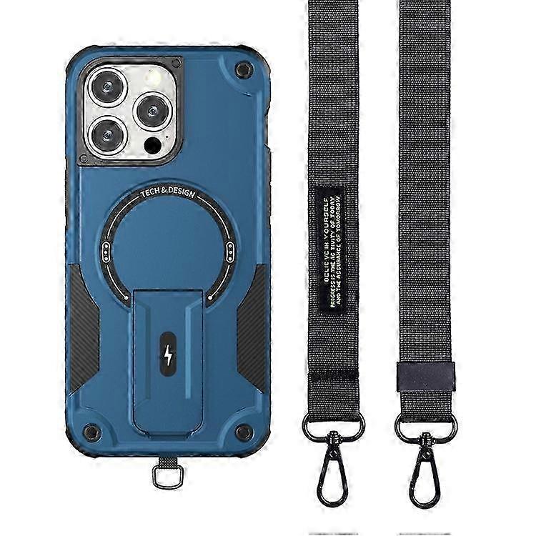 Case compatible with iPhone 16 Pro Max and MagSafe, a TPU+PC kickstand phone cover with a strap.