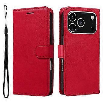 For iPhone 17 Pro Leather Wallet Case with Shoulder Strap Solid Color Phone Holder Protective Cover (Red, Red)