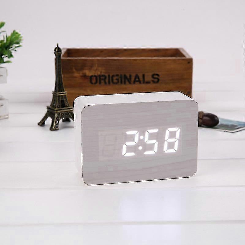 BatteryUSB charging LED digital alarm clock, display temperature, 3 groups of alarms and 2 groups of alarm modes, 3 brightness adjustments (white woo