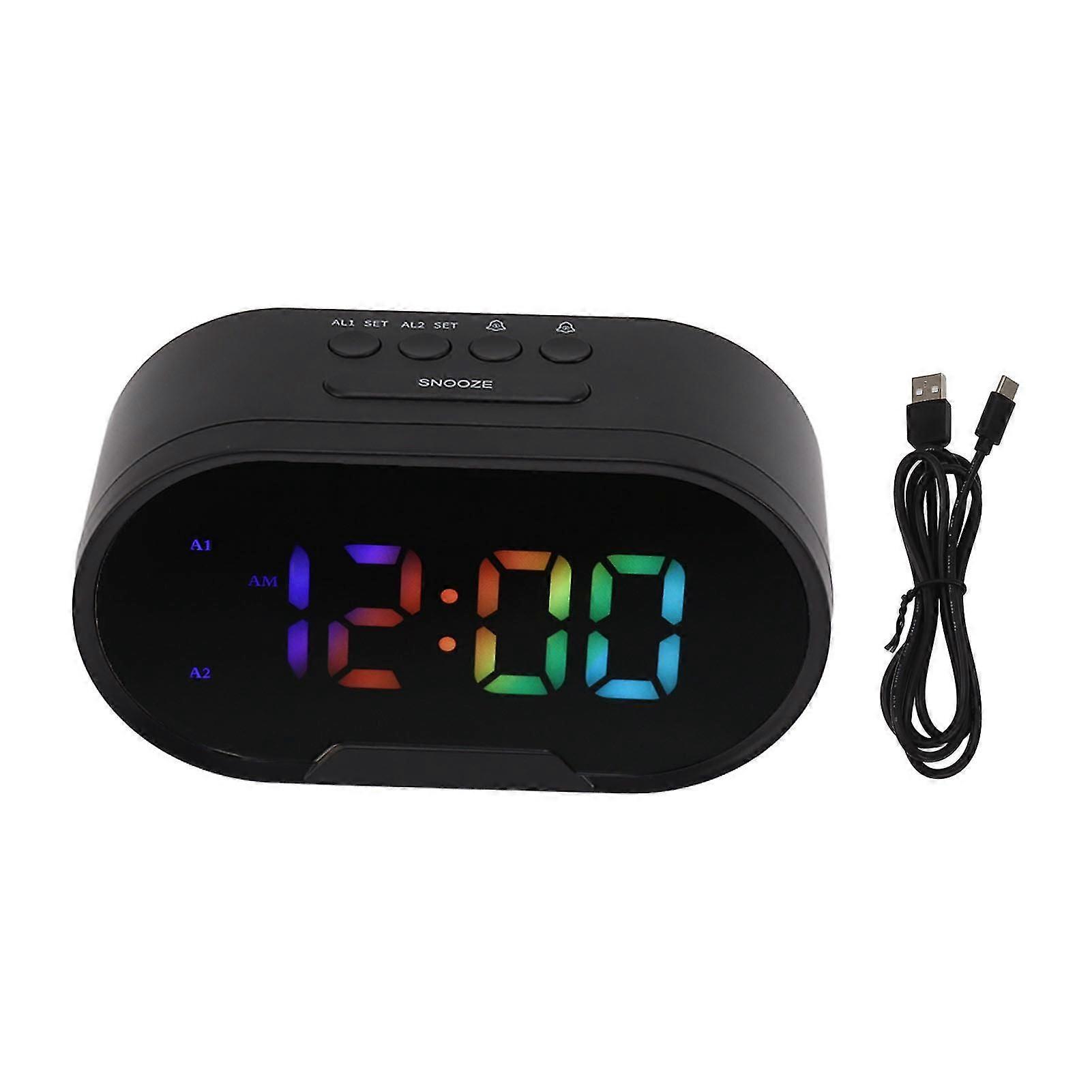 LED Large Display Digital Alarm Clock USB Powered Black Housing Multi-Colour Display Snooze Function Adjustable Brightness Portable Clock for Bedrooms
