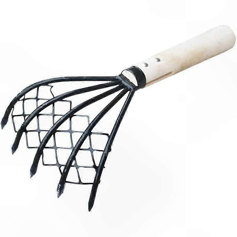 5-Prong Clam Rake with Wooden Handle for Shell Digging, Seafood Harvesting, Weeding, and Agricultural Use