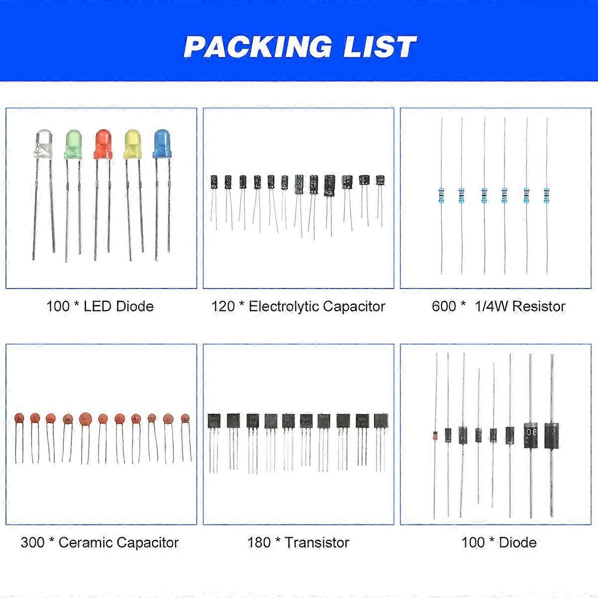 1400PCS Electronic Components Assortment Kit Assorted Electric Element Starter Kit with 1/4W Resistance LED Diode Electrolytic Capacitor Transistor Ce