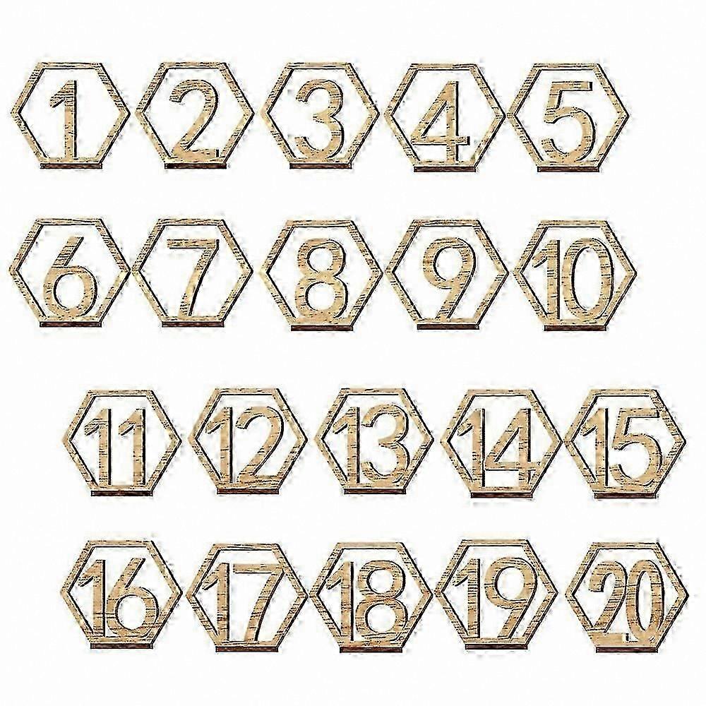 Hexagonal Wooden Table Numbers 1-20 with Sturdy Base for Weddings and Events