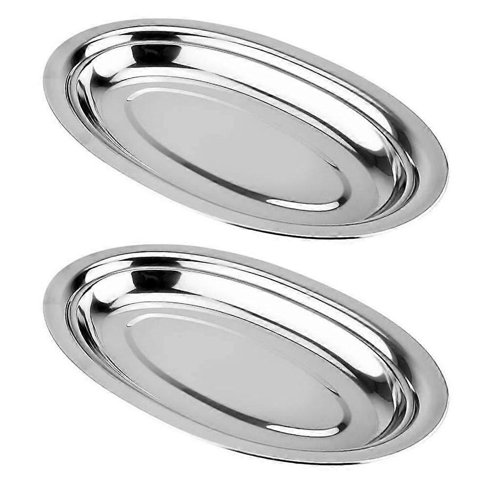 Oval Stainless Steel Snack Plates Serving Pastry Cafe Use Silver Smooth Surface 2Pack