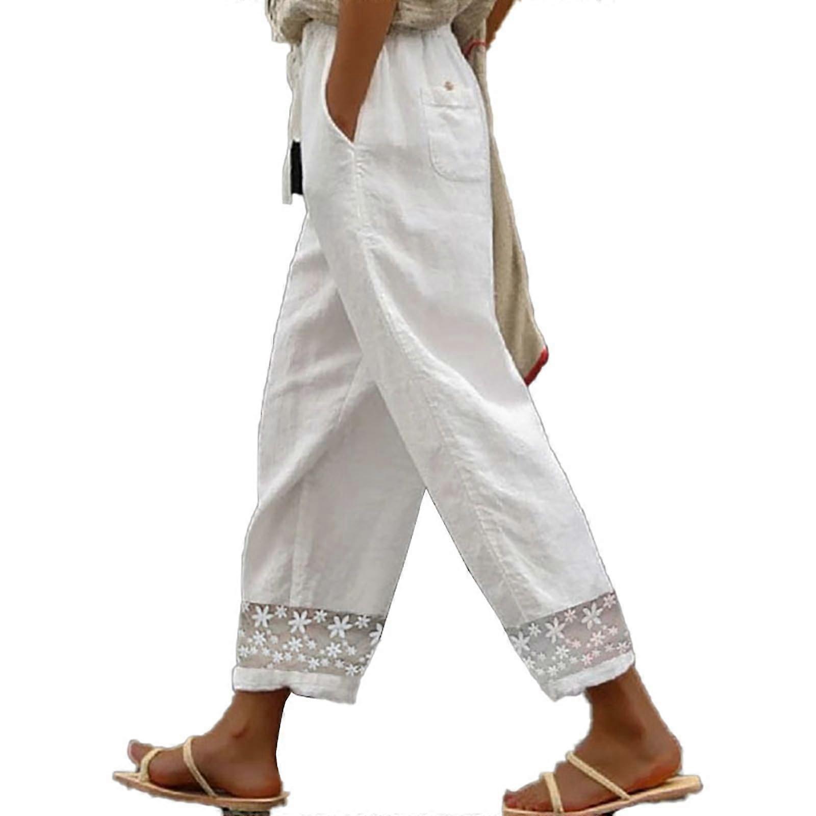 Womens Casual Lightweight Elastic Waist Pants With Pockets Valley Plus Size White L