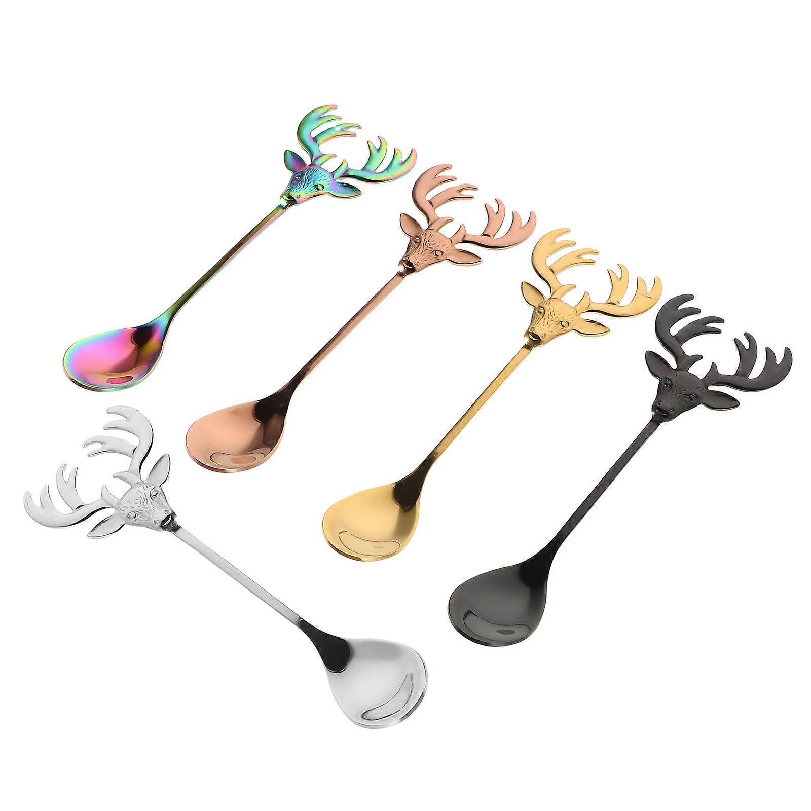 Elegant Stainless Steel Coffee Spoons Featuring Reindeer Head Handles For Holiday Gatherings 5Pcs Versatile Stirring Tools For Desserts