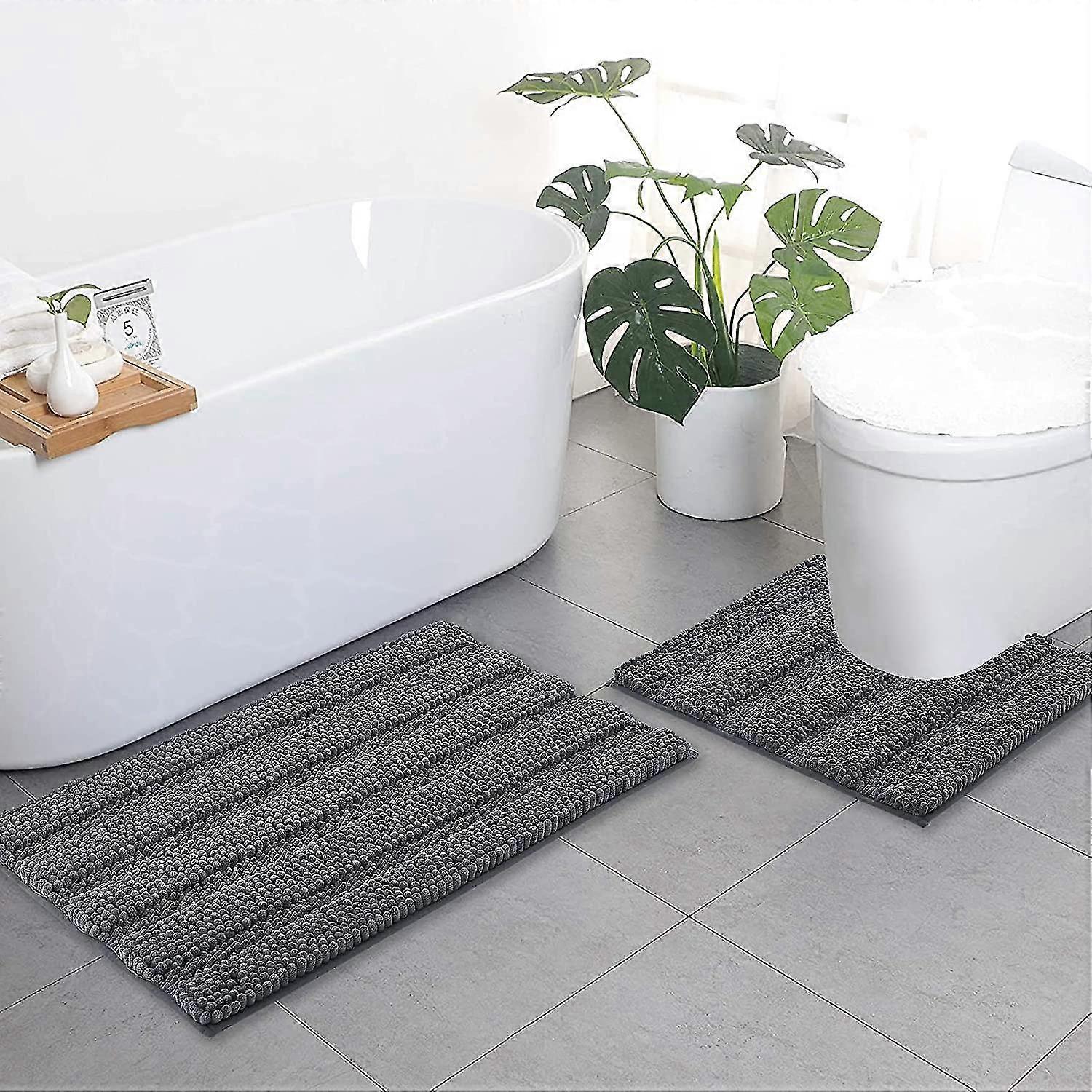 Grey Bathroom Rugs, Contour Rug Sets, Extra Thick Bath Mats, Anti-slip Soft Plush Chenille Shaggy Bath Mats (50x80cm&50x50cm-u Shaped)