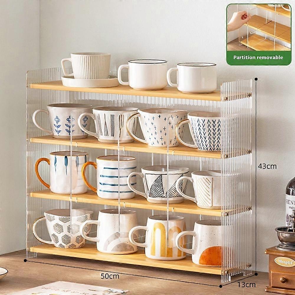 4-Tier 50cm Length Bamboo Cup Storage Rack Transparent Acrylic Organizer Shelf with Removable Divide