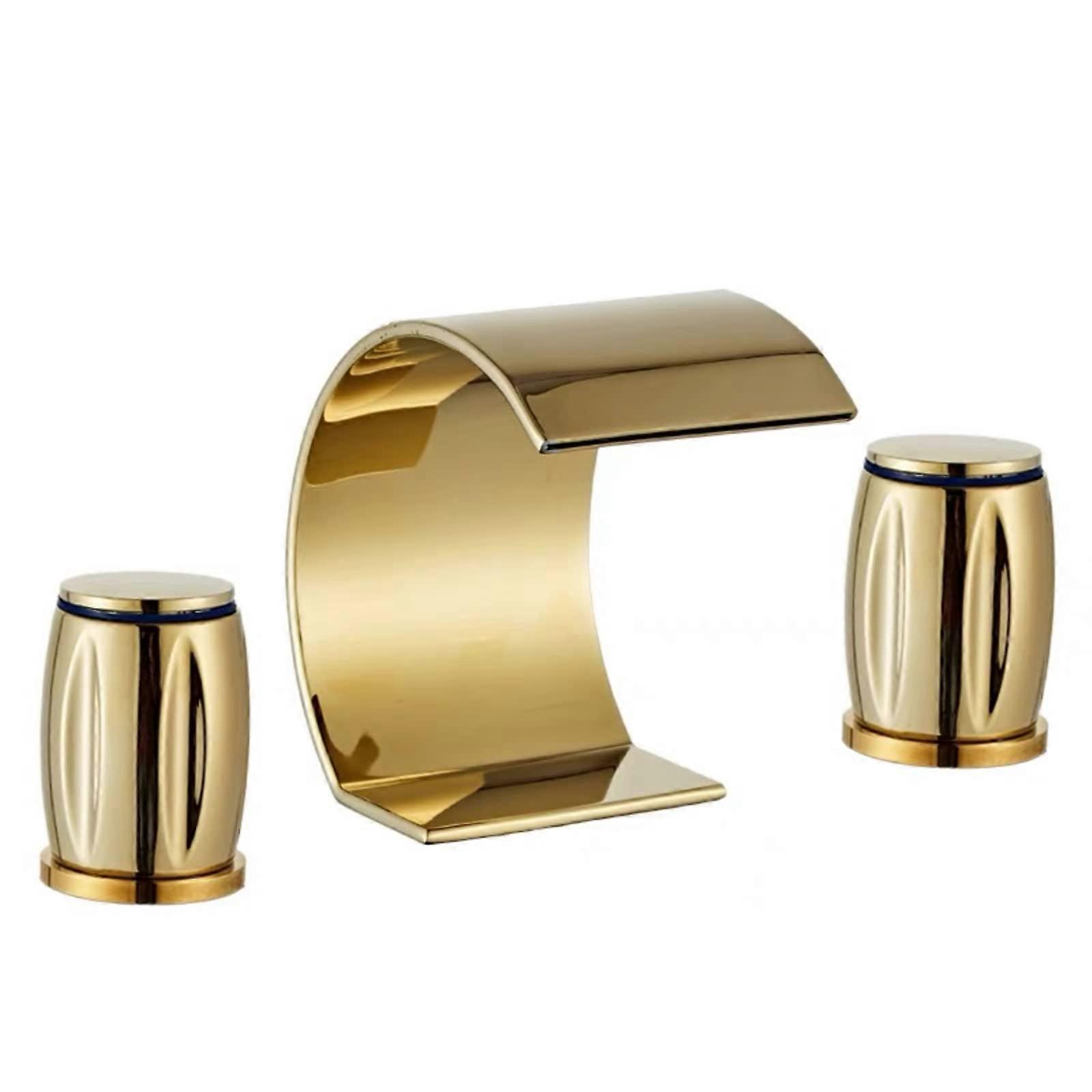 Basin Faucets Total Brass Gold Finish Deck Mounted 3 Hole Bathroom Sink Faucet Double Handle Waterfall Faucet