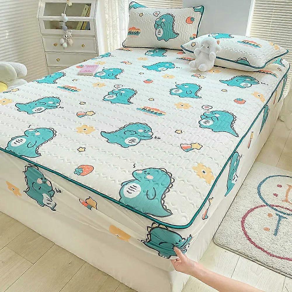 Latex Summer Mat Fitted Sheet ThreePiece Set Compatible With Cool Silk Summer Quilt Cute Pet Dinosaur Pattern