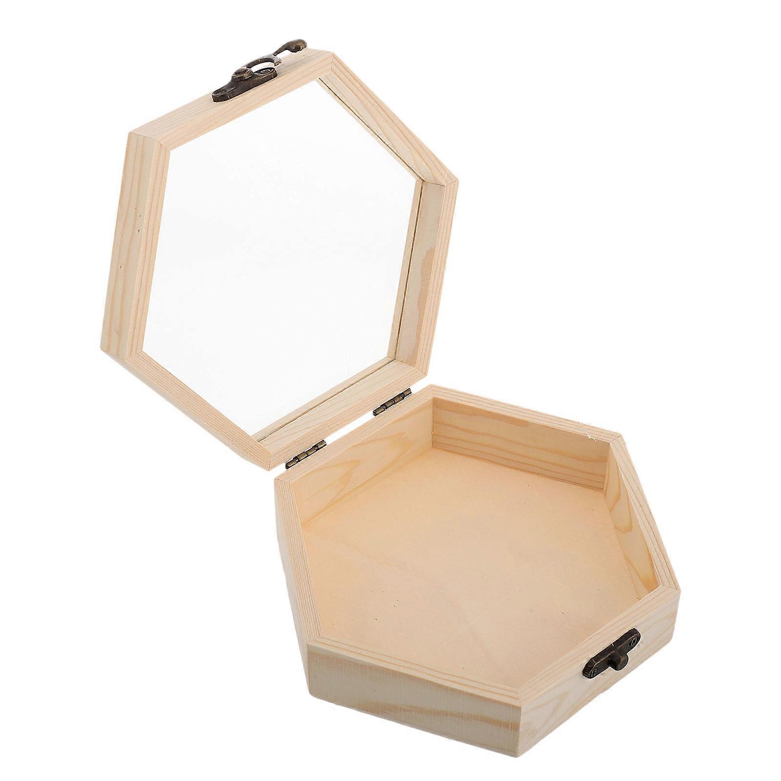 Wooden Keepsake Box for Storage 5Pcs Pine Wood Hexagon Glass Lid